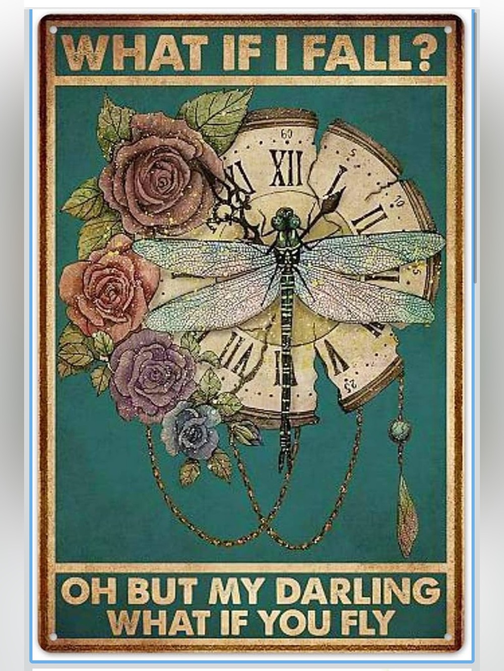 Dragonfly Vintage Clock Wall Art Poster - Teal & Multicolor